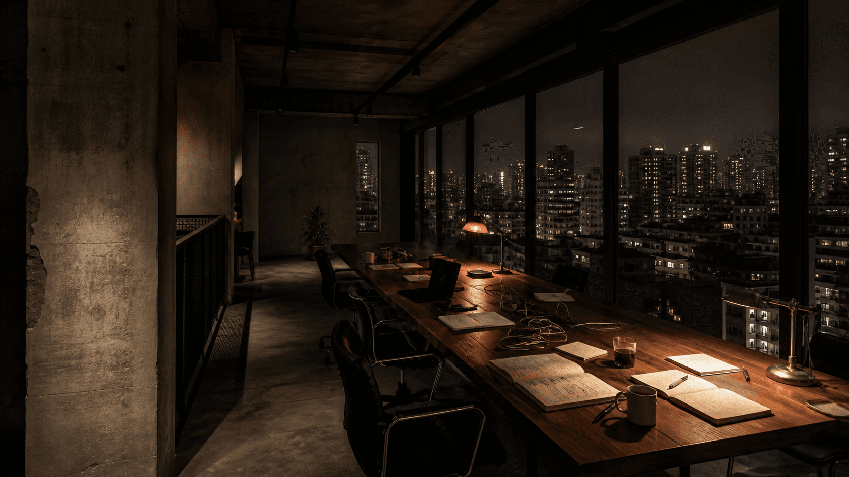 A late-night communal worktable overlooking the Manila skyline