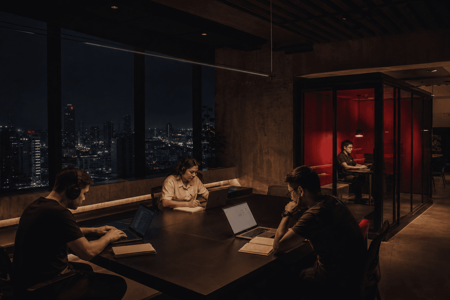 Founders working quietly at night inside a Manila residence